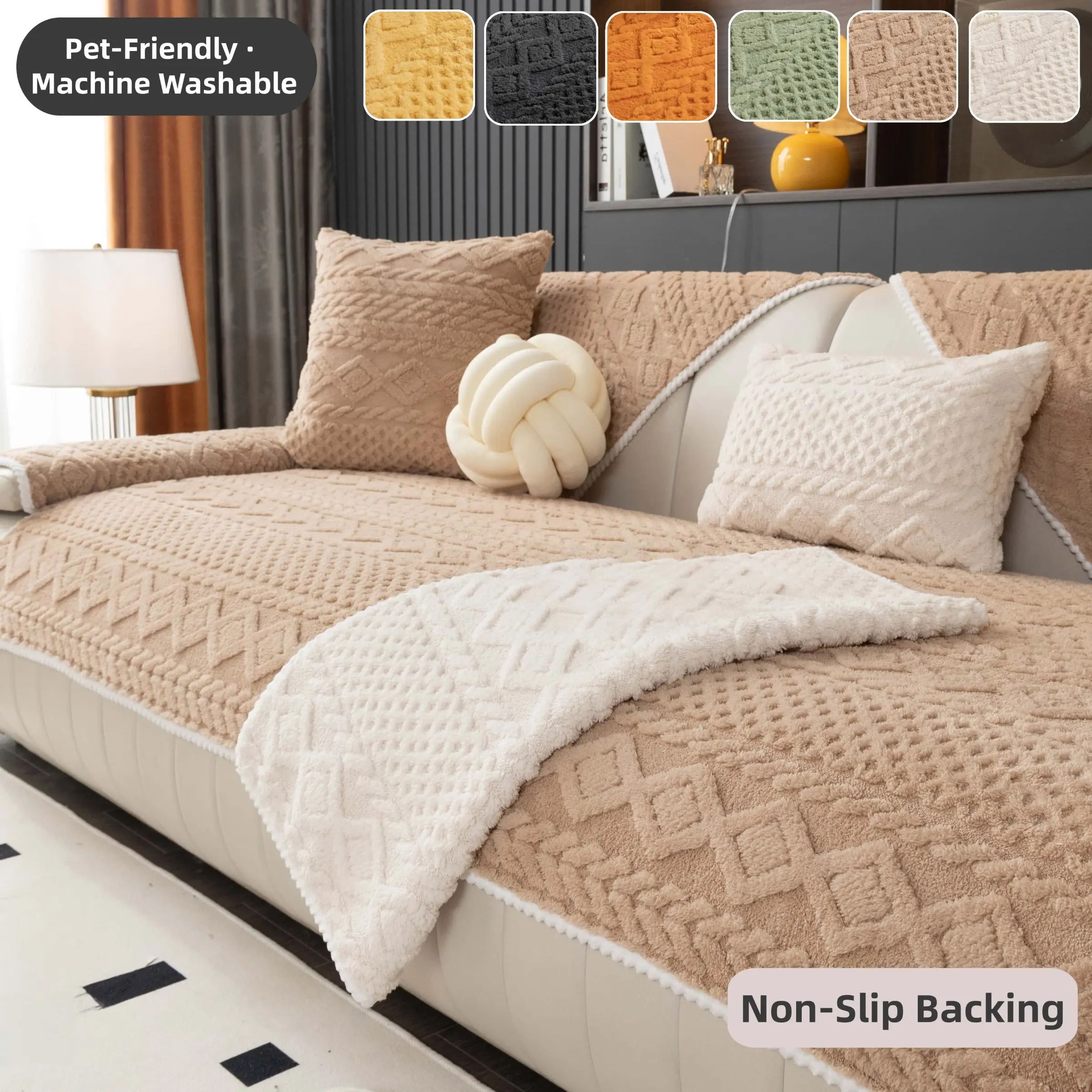 1Pc Plush Sofa Cover with Non-Slip Backing, Pet-Friendly Machine-Washable Couch Cover, Washable Couch Slipcover, Sofa Furniture Slipcovers, All-Season Sofa Cushion Cover Pad, Textured Pattern for Living Room, Fits Armchair/Loveseat/3-Seater