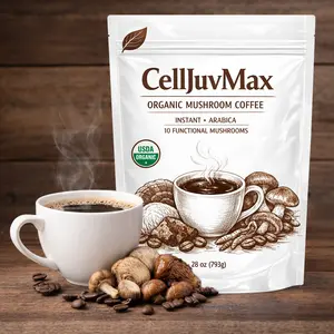 CellJuvMax Organic Instant 10 in 1 Mushroom Coffee Powder 28 Ounce 317 Servings Premium Arabica with Lion's Mane Chaga Reishi & More Beverage - Bean