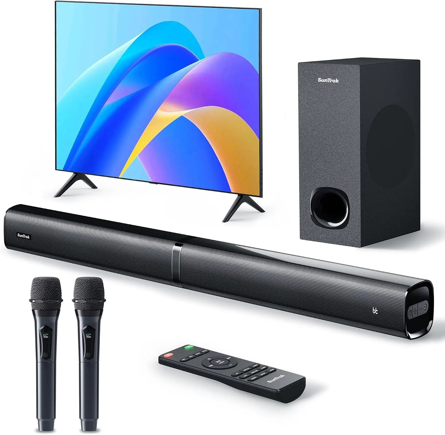 Soundbar with Subwoofer for TV, Home Theater Bluetooth 5.3 Speaker System with 2 Wireless Karaoke Mics, Surround Sound Audio with HDMI ARC, Optical, AUX, USB for Movie, Music, Family Party(Peak 240W)