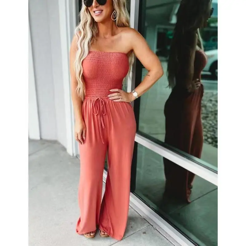 2025 New Solid Color Strapless Loose Women's Jumpsuit Elegant Overalls chic Orange Side Stripe Rope Tie Sunchaser Smocked