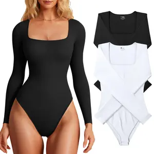 Women's 2 Piece Square Neck Long Sleeve Ribbed Shirts Leotard Bodysuit Tops Womenswear Basic Fitted Underwear Lady