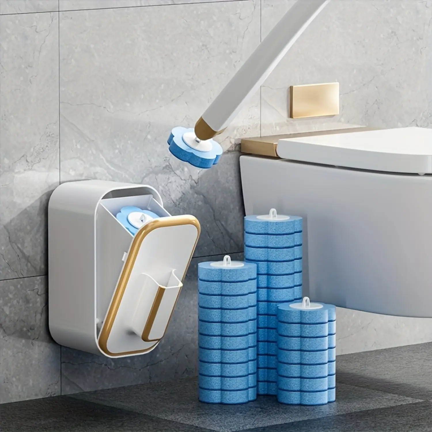 18-Piece No-Drilling Wall-Mounted Toilet Brush & Plunger Set Package, Disposable Replaceable Heads, Long Reach Plastic Handle, Medium Stiffness, Fragrant Toilet Tab, for Bathrooms, Homes/Commercial Use