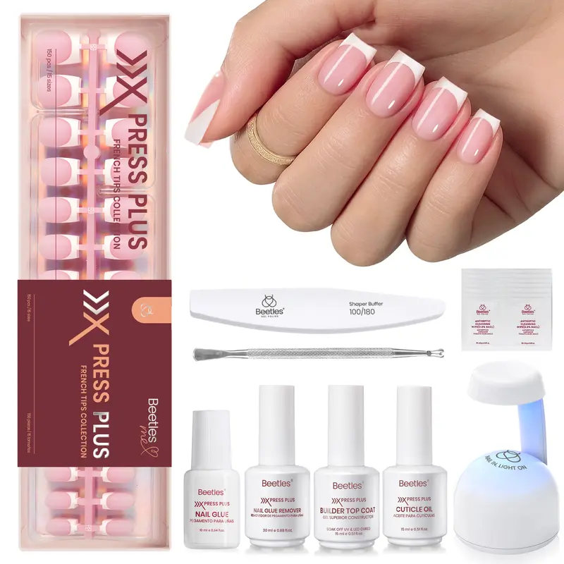Beetles X Press On Nails Short Square French Tip with 150Pcs Pink Tips Glue Remover Top Coat & Nail Lamp for Flawless DIY Nailsmothersdaygift Spring Nail Summer Nail Vacation Nail #SummerVibes