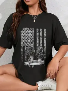 100% Cotton Unisex U.S.A. Flag Morel Mushroom Hunter Round Neck Short Sleeve T-Shirt Women's Men Graphic Tee