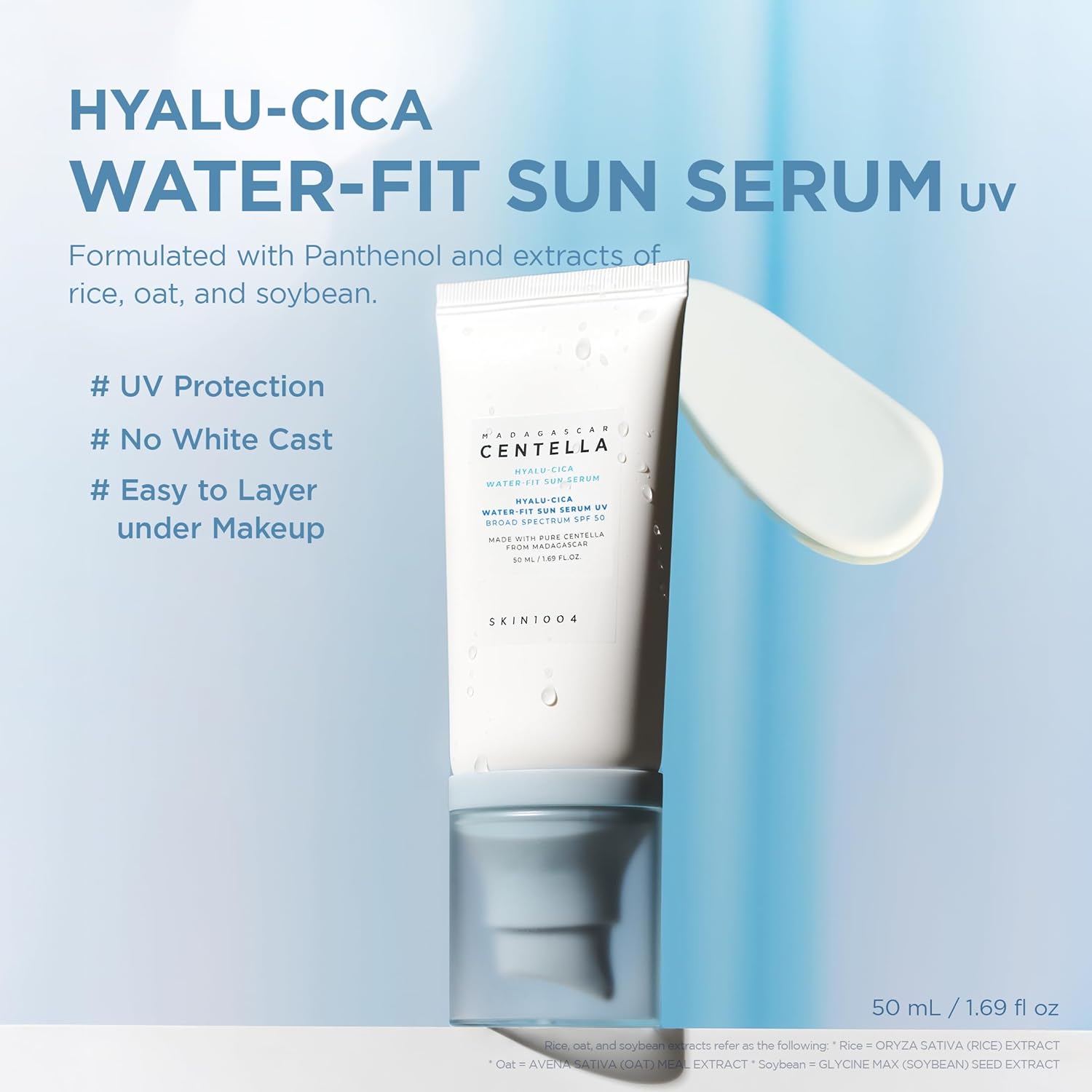 SKIN1004 Centella Hyalu-Cica Water-Fit Sun Serum SPF 50 – Korean Sunscreen with Hyaluronic Acid, Lightweight No White Cast Face Sunscreen, Hydrating UV Protection, Travel Size 1.69 fl oz / 50ml
