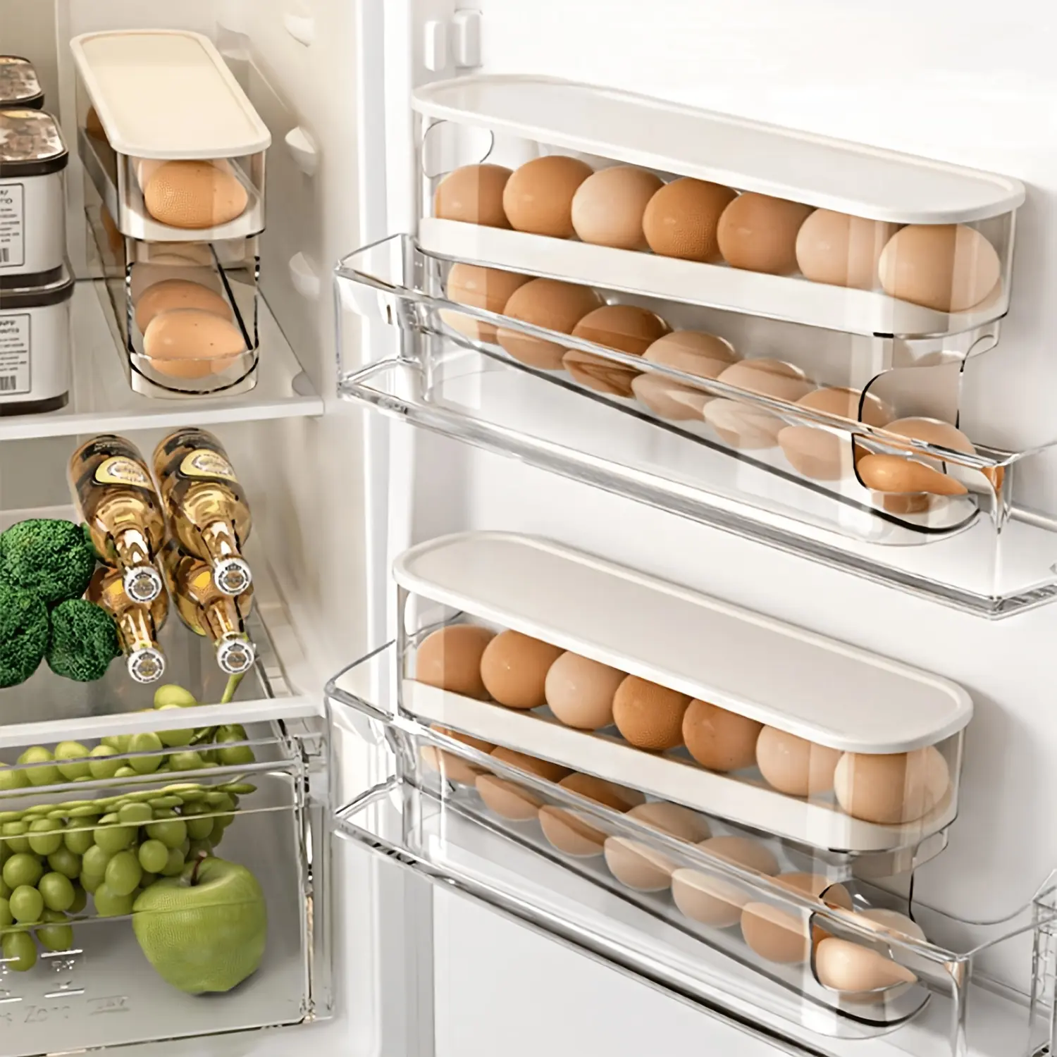 Single Piece Egg Storage Container, Two-Tier Automatic Egg Roller, Fridge Egg Dispenser, Maintains Freshness of Eggs, Ideal for Refrigerators, Cabinets, And Storage Areas, Kitchen Organization And Storage