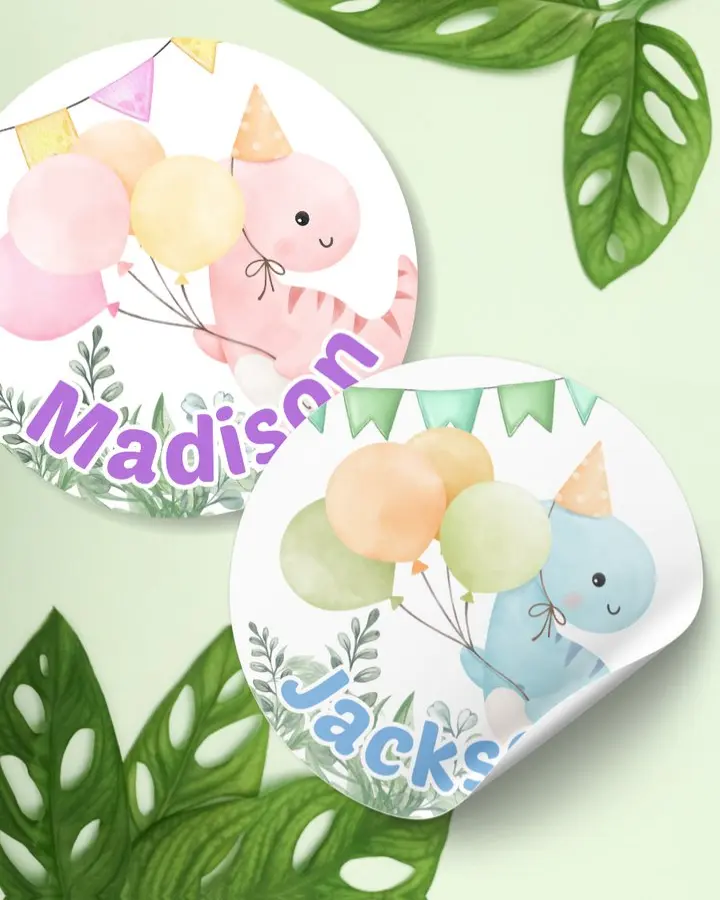 Cartoon Dinosaur Stickers - Personalized Name 2" Round, 24pcs. Glossy Stickers in Pink or Blue for Birthday Decorations