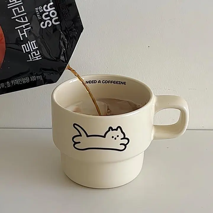 Stackable Cat Coffee Cup - 9.5oz Ceramic Mug with Hand-Painted Lazy Kitten Design - Dishwasher & Microwave Safe - Stackable for Space-Saving Kitchen Decor