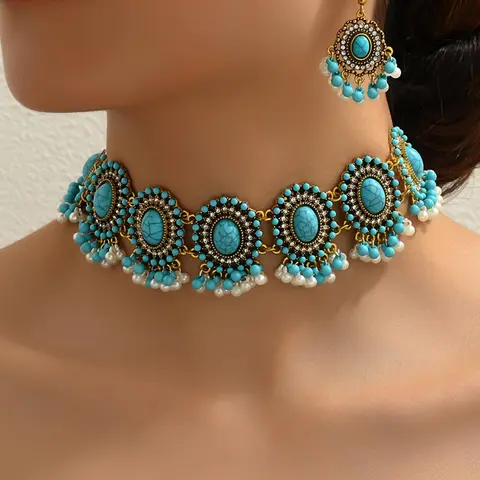 Boho Style Turquoise Beads Decor Necklace and Dangle Earrings, Vintage Trendy Jewelry Set, Fashion Accessories for Women and Girls