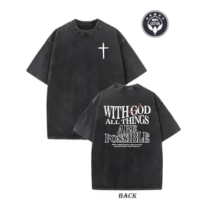 Men's Heavyweight 230gsm Cotton Vintage Washed T-Shirt - Dual-Sided "with God All Things Possible" & Cross Print, Loose Fit Hip Hop Streetwear, Round Neck Short Sleeve Casual Tee for Casual Attire, Ribbed Neckline Shirt Crewneck Knit Fabric Tshirt Knit