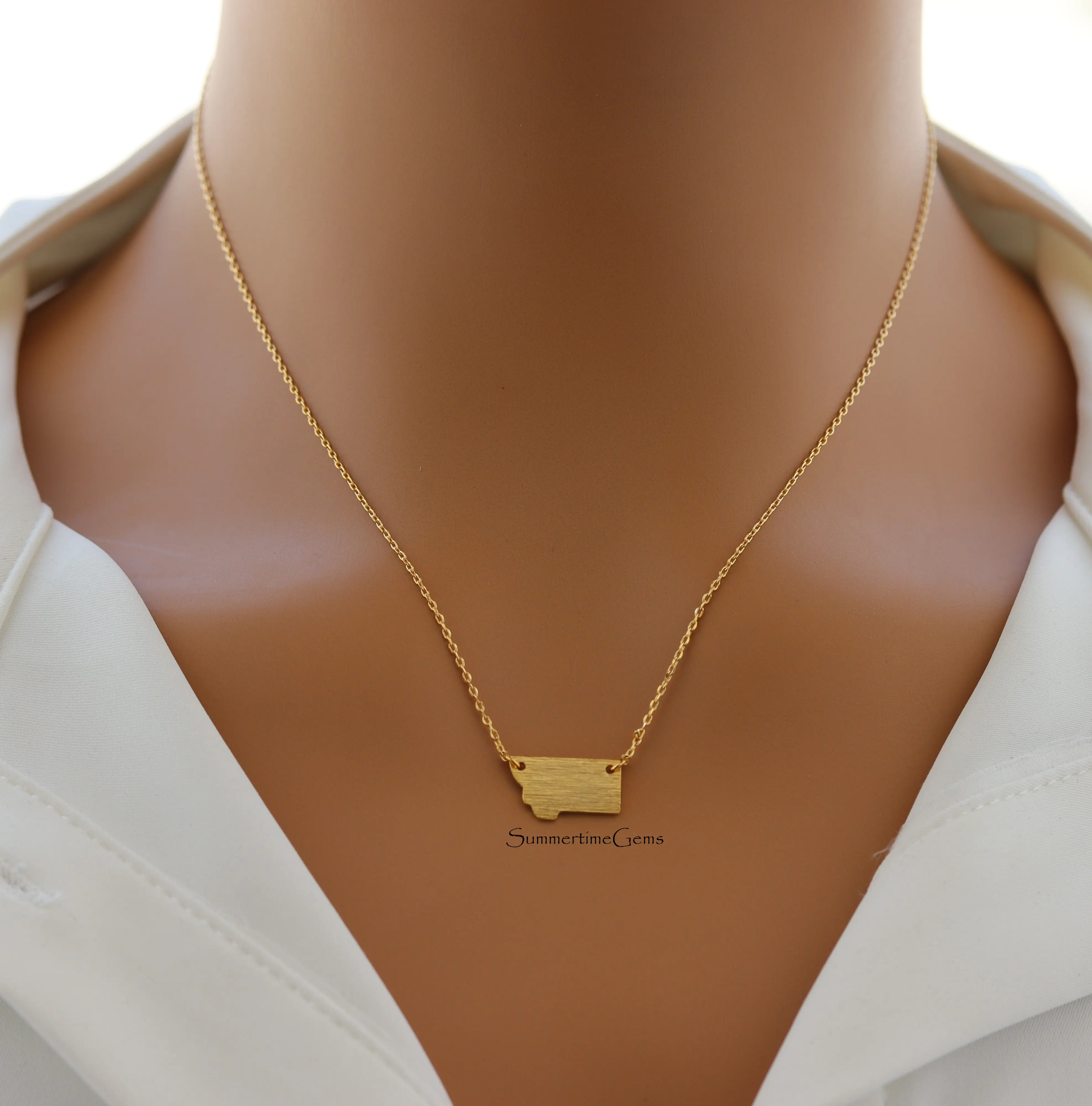 18K Gold Plated Dainty Brushed Montana State Pendant Necklace – Minimalist State Pride Jewelry