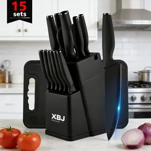 XBJ Knife Set with Knife Block, 15-Piece Rainbow Titanium Knife Block Set, Cooking Steak Knife Set with Black Handles.