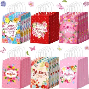 12/24 Pcs Mother's Day Gift Bags Paper Material Happy Mother's Day Party Favors Bags Pink Red Mom Goodie Heart Flowers Candy Treat Pouch with Handles for Mom Party Decoration Supplies Vibrancy