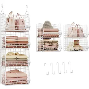 4 Tier Closet Hanging Organizer, Foldable Closet Shelving with 2 Hanging Hooks 5 S Hooks, Wire Storage Basket for Wardrobe Laundry Room, for Clothing Sweaters Shoes Handbags Patent-White
