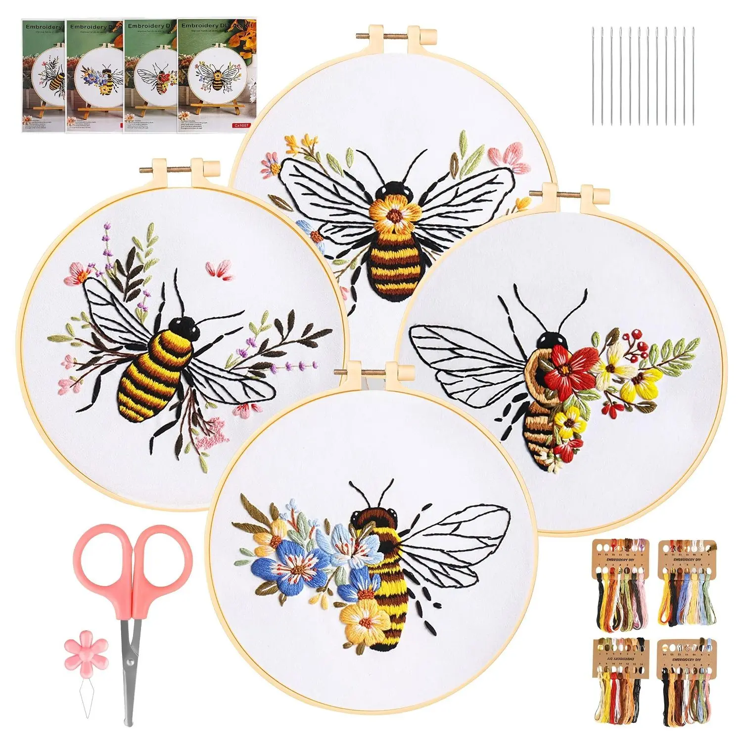 4pcs Bee-Themed Complete Embroidery Kit for Beginners with Pre-Printed Fabric, Hoop, Threads & Instructions - All-in-One Cross Stitch Set, Creative Gifts for Festival