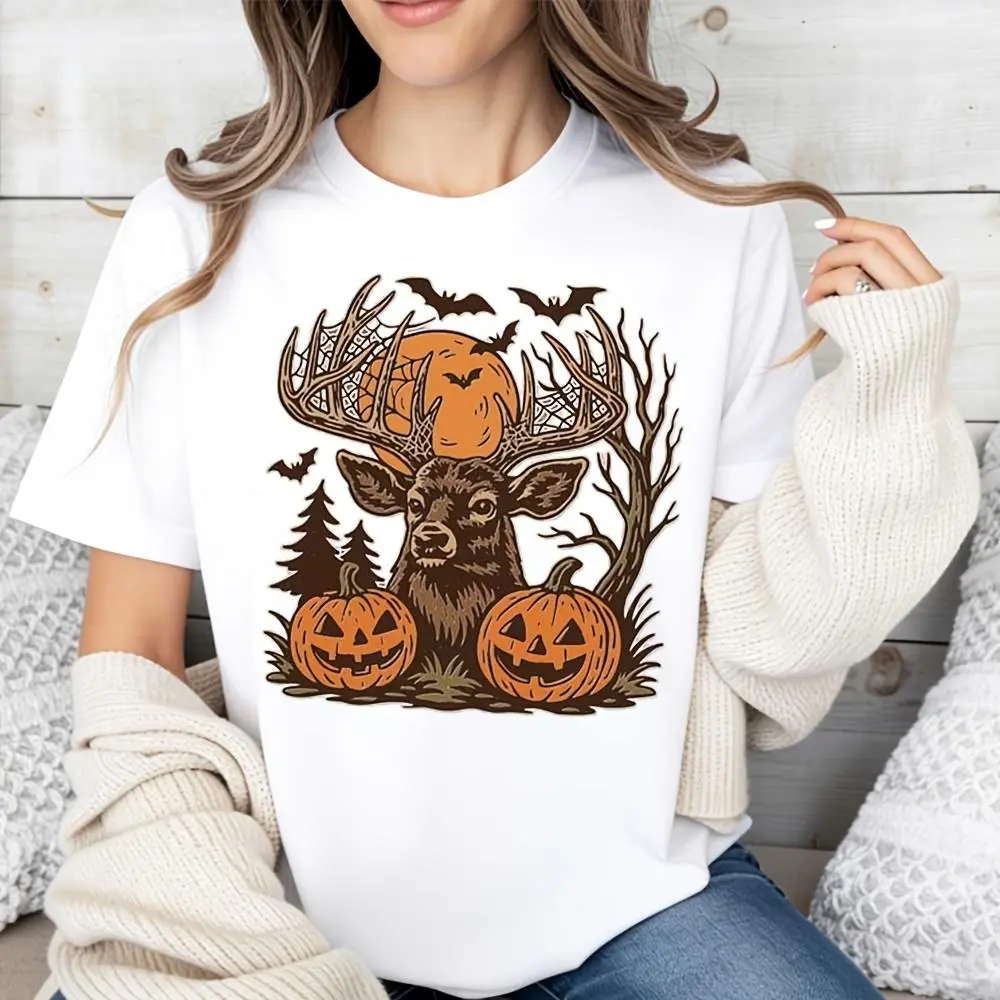 Deer With Antlers And Pumpkins Halloween Graphic, Raglan Long-Sleeved T-Shirt, Autumn Fall Festival Party Wear, Outdoor Casual Holiday Top