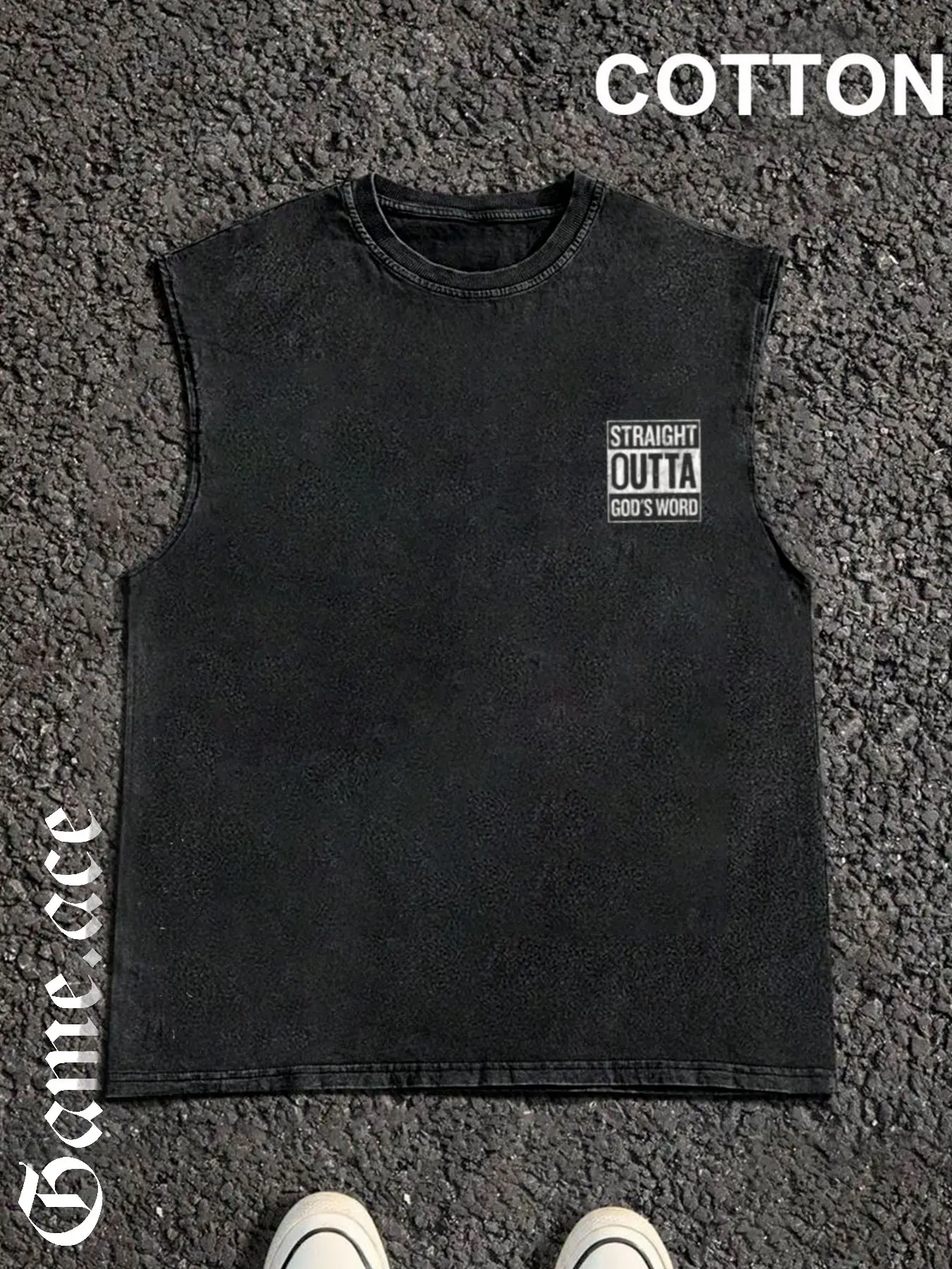 1 piece loose distressed graphic tank top with “STRAIGHT OUTTA GOD’S WORD” lettering effect print; unisex, suitable for all seasons; ideal for beach trips, Y2K summer outfits, Christian believers, campus events, streetwear outings, and casual gatherings;