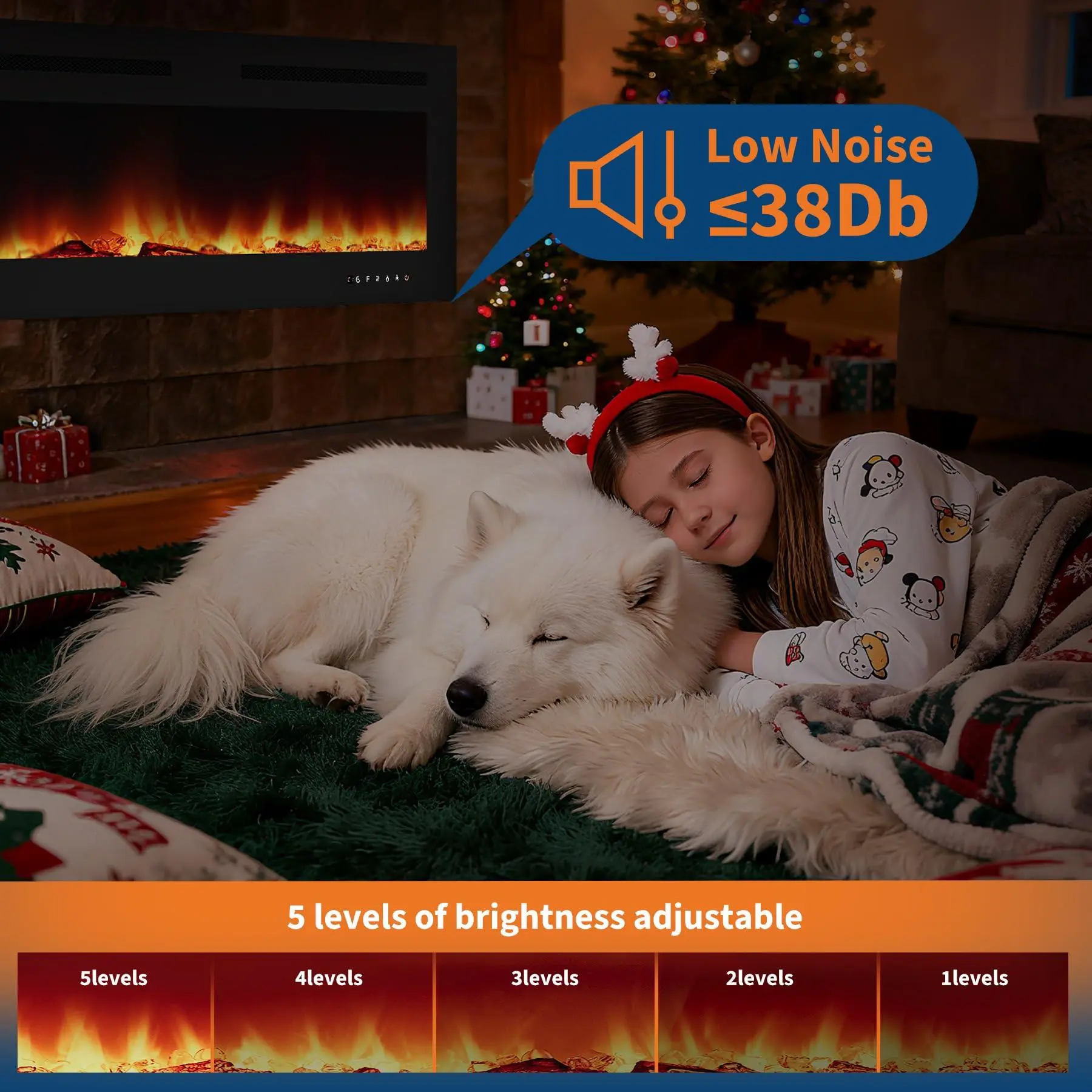 Electric Fireplace with Tempered Glass - 12 Flame Colors, Remote Control, 1500W Heater, 5000BTU, 5 Brightness Levels, Timer, Log & Crystal Effects (72 Inch)
