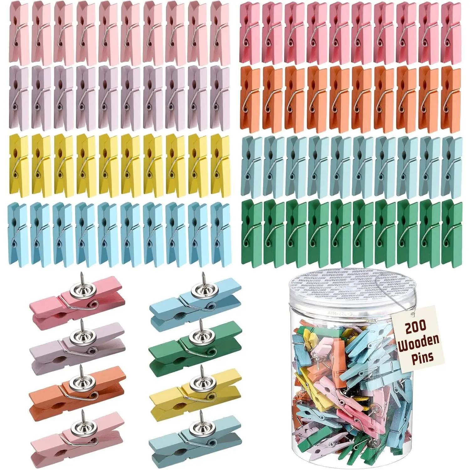 200 count Push Pin with Wooden Clips Tacks Pastel Classroom Decor for Cork Board Bulletin Board Colorful Thumb Tacks Wooden Clips for Teachers School Office Home Supplies Accessories