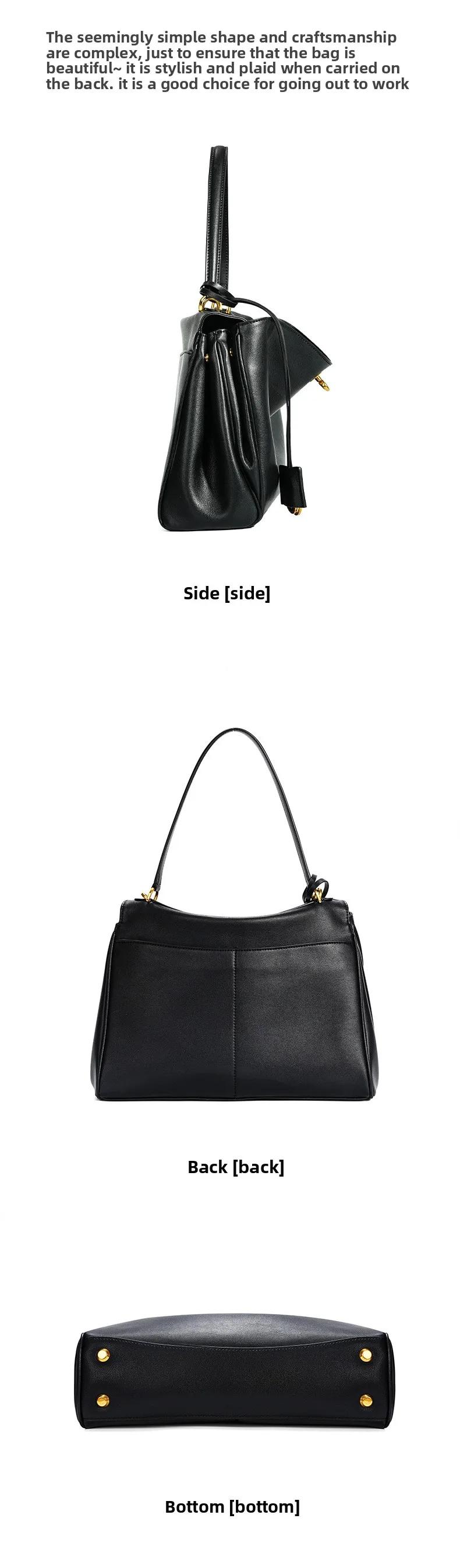 Minimalist Black Leather Work Tote Bag for Women Large Capacity Shoulder Bag with Gold Hardware