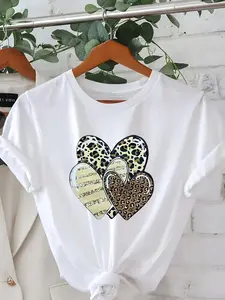 2026 Summer New Versatile Comfortable Heart Print Top, Casual Leopard Short Sleeve Round Neck T-Shirt