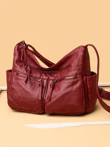 Burgundy pleated design shoulder armpit bag, knotted handle shoulder crossbody bag, retro shoulder bag, Fashionable Shoulder Bag, casual simple shopping bag suitable for daily travel, shopping