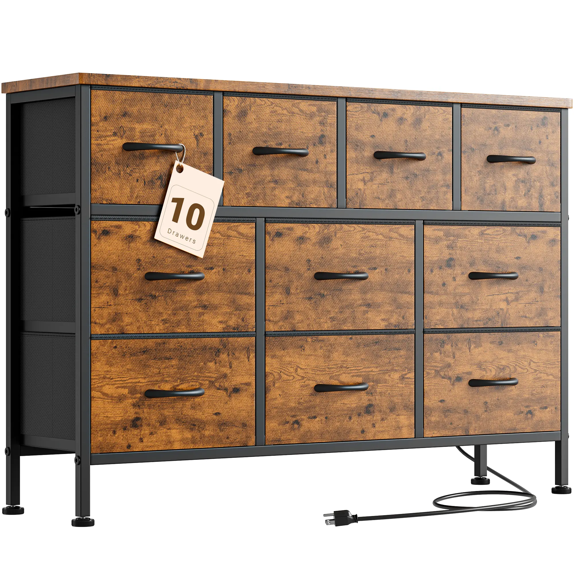 【Deals for Your Days】AOWOS 10 Drawer Dresser, Dresser TV Stand with Power Outlet, Bedroom Dresser, Chest of Drawers for 55'' Long TV, Wide Fabric Dres