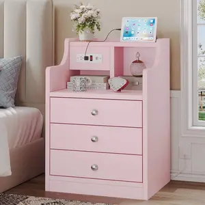 Sikaic 3-Drawer Nightstand Table with Charging Station, Pink Bedroom Bedside Table