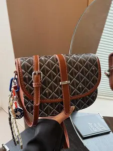 Fashion Colorblock Women's Saddle Bag, Flap Print Design Shoulder Crossbody Bag with Pendant Decoration, Perfect for College Students, Embellished Shoulder Bag