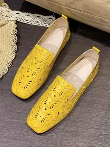 Stylish Women's Embroidered Square Toe Flat Shoes, Versatile Slip-On Design with Faux Leather and Rubber Sole, Comfortable Everyday Footwear