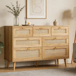 47" Rattan Dresser for Bedroom 7 Drawer Farmhouse Style with Deep Wood Drawers Clothes Storage Cabinet for Living Room & Bedroom French Country Design