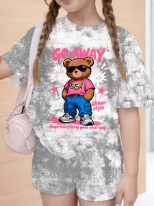 Tween Girls Casual Comfort Round Neck Short Sleeve T-Shirt and Shorts Set, Cartoon Bear Print Fashion Girl, All Seasons