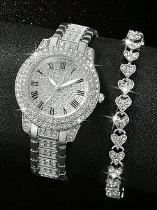Women's Stainless Steel Watch Band Set with Rhinestones & Roman Numerals Dial, Casual Elegant Quartz Wristwatch + Bracelet, Elegant Round Dial