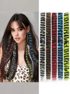 5pcs/pack Scene Hair Extensions Synthetic Clip in Leopard print Hair piece 18inch Long Straight Colorful striped Hairpieces Halloween Party Cosplay Y2K Use for Women Girls