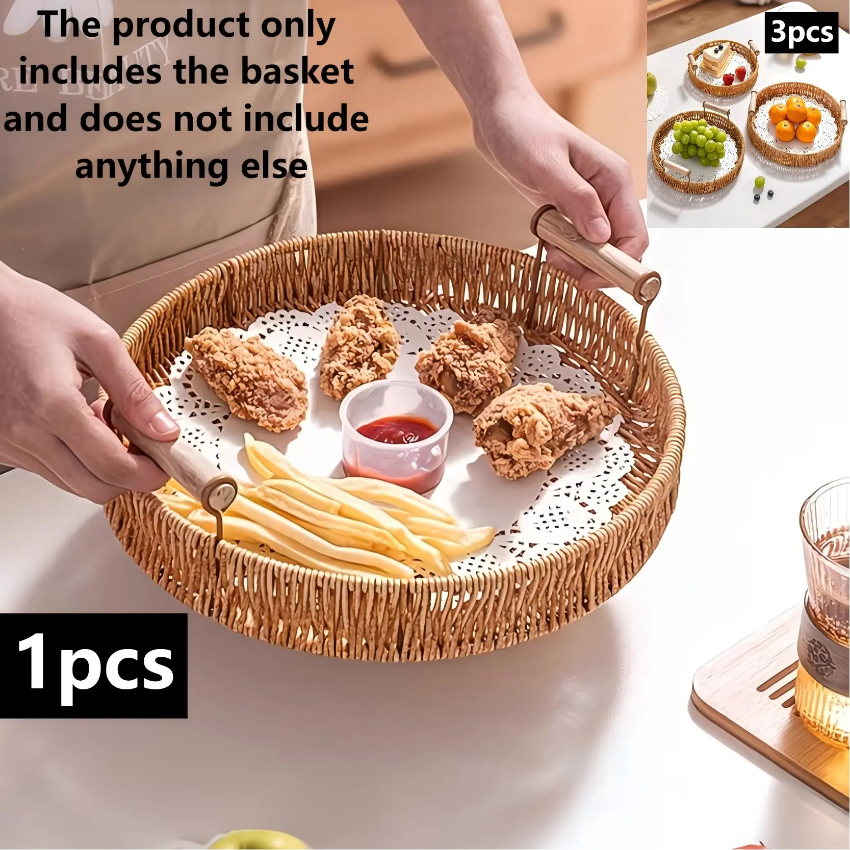 Woven Rattan Serving Tray, Multi-Purpose Wicker Basket with Builtin Handles, Household Storage Basket for Organizing & Display, Perfect for Bread, Fruits, Snacks, Vegetables, Kitchen & Dining Decor, Multipurpose Basket