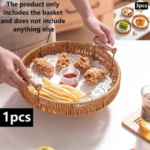 Woven Rattan Serving Tray, Multi-Purpose Wicker Basket with Builtin Handles, Household Storage Basket for Organizing & Display, Perfect for Bread, Fruits, Snacks, Vegetables, Kitchen & Dining Decor