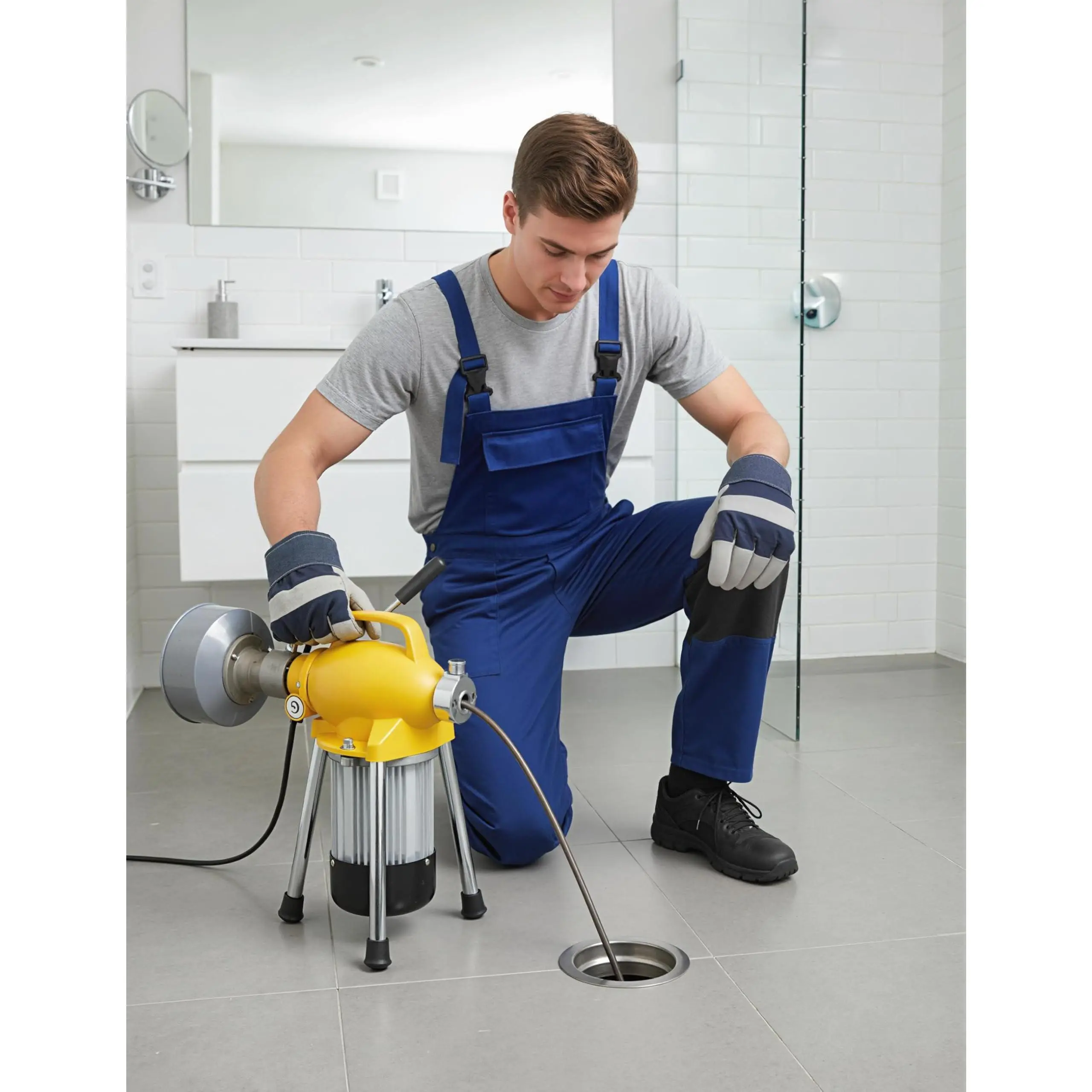 Electric drain cleaning machine with 500W motor, 400 RPM auto-feed. Includes 66-foot and 16-foot steel cables plus six cutter heads. Clears 3/4-inch to 4-inch pipes.