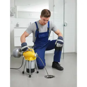 Electric drain cleaning machine with 500W motor, 400 RPM auto-feed. Includes 66-foot and 16-foot steel cables plus six cutter heads. Clears 3/4-inch to 4-inch pipes.