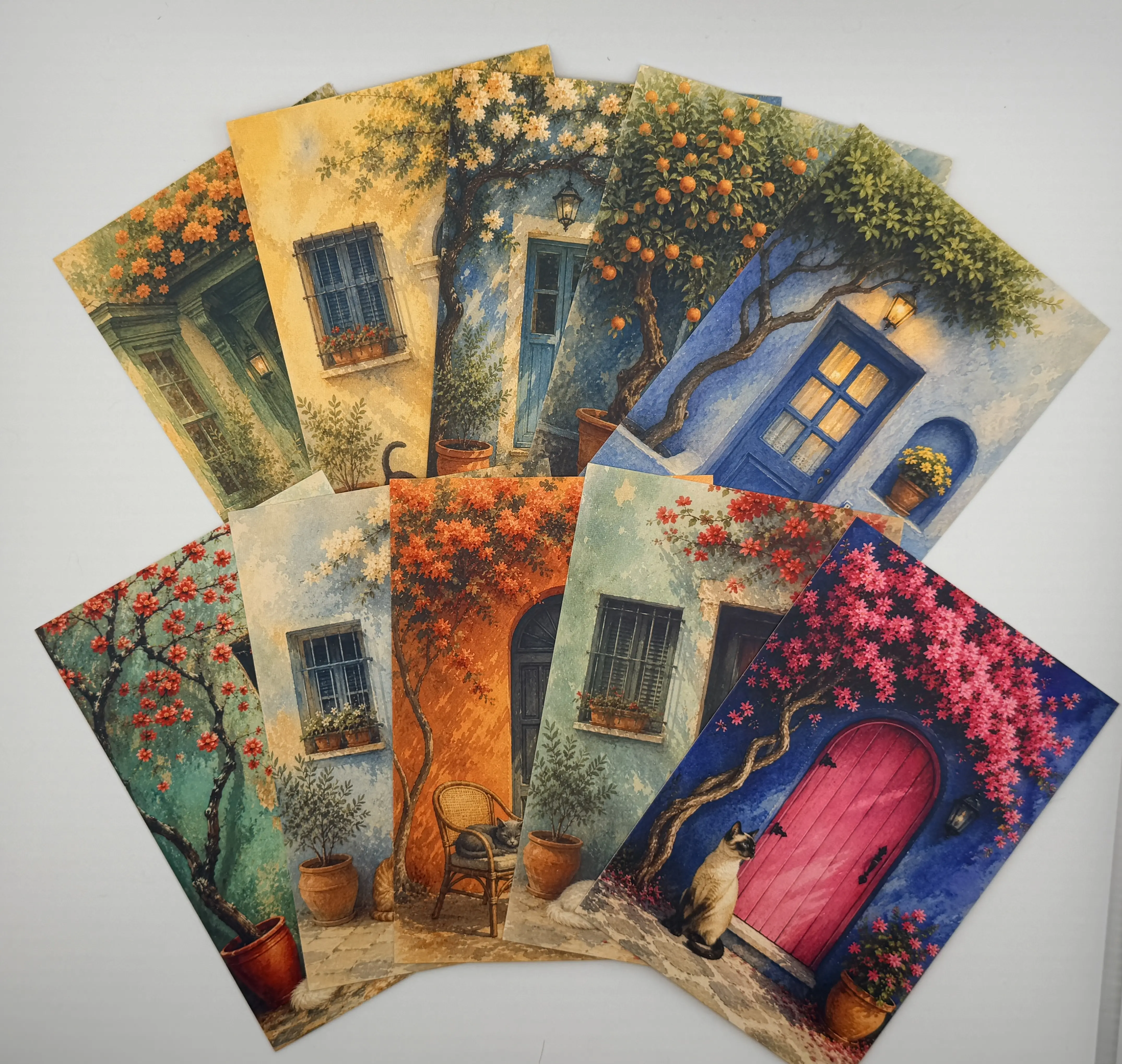 Set of 10 Cat & Door Postcards – Colorful 4x6 Art Postcards for Postcrossing, Pen Pals & Gifts