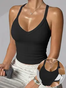 SERACAL 2 Counts Women's V-Neck Ribbed Built-In Bra Padded Tank Top Sleeveless Slim Fit Camisole for Layering, Fitness and Casual Daily Wear