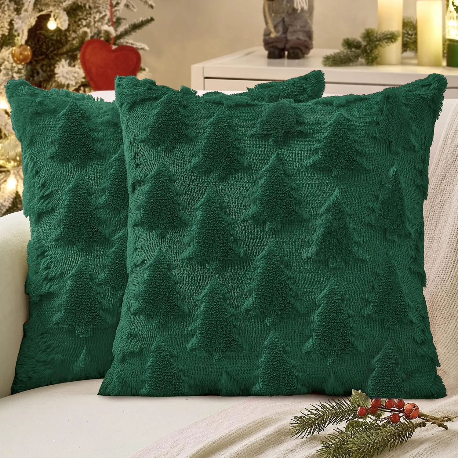 18x18 in Christmas Throw Pillow Covers (Set of 2) - Red Durable Plush Nylon Cushion Covers with Xmas Trees Design, Cozy Charm Room Decor for Sofa Couch, Easy to Use Winter Holiday Decor, Perfect Gift Choice, Home