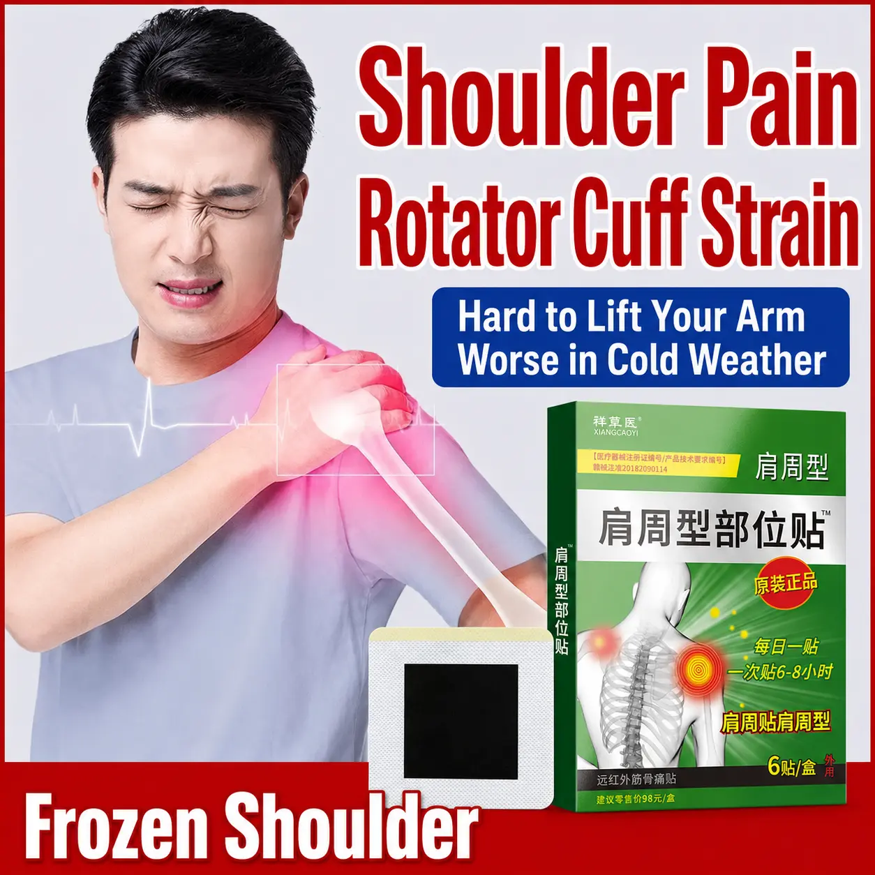 Shoulder periarthritis, shoulder pain, overuse injury, unable to raise arm, shoulder pain, rotator cuff injury patch