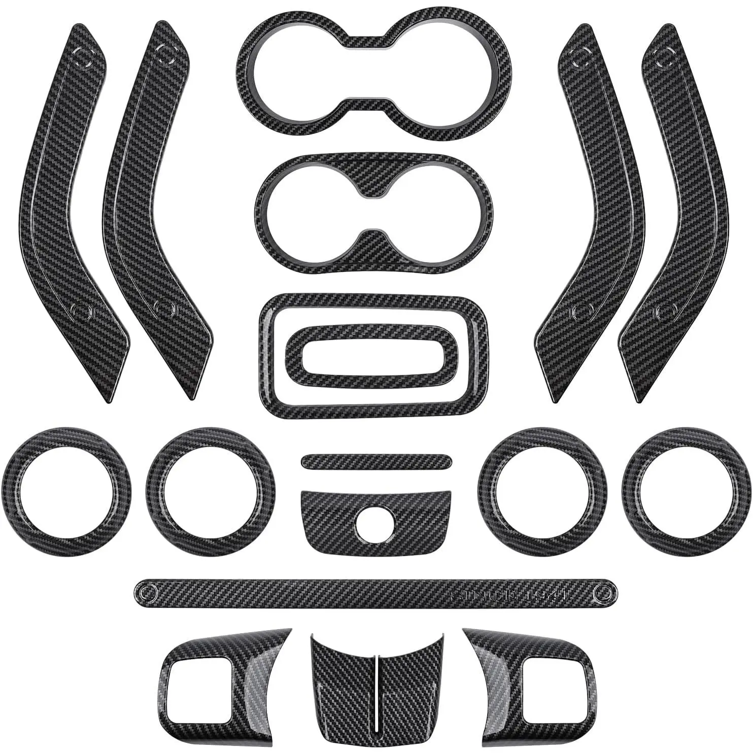 18 PCS Glossy Carbon Fiber Car Interior Decorative Trim Kit, Auto Accessories with Easy-Install Covers for Cup Holder, Steering Wheel, Center Console, Door Handle, AC Vent & Gear for Jeep Wrangler JK JKU 2011-2018 4-Door