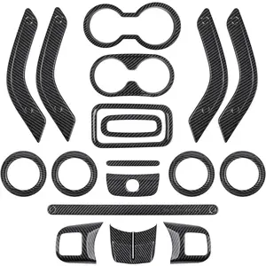 18 PCS Full Set Interior Decoration Trim Kit Steering Wheel Center Console Door Handle Air Conditioning Vent Cup Holder Gear Cover Trim for Jeep Wrangler JK JKU 2011-2018 4-Door (Glossy Carbon Fiber)