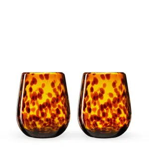 Twine Segunda Vida Tortuga Tortoise Shell colored Stemless Wine Glasses Set-Hand Blown - Amber 100% Recycled Glassware, 13oz, Set of 2