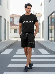 Men's Summer Fashion Casual Wear Short Sleeve Shorts American Street Style Set Printed with Personalized "Casablanca Print" Pattern Summer Personalized Two Piece Set