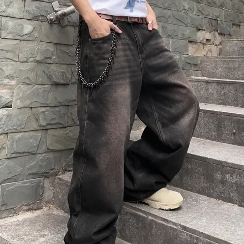 Men's Y2K Retro Gradient Faded Oversized Thick Fabric Jeans - Vintage Clothing, Distressed Black, Pocket, Street Style for Rock Looks, Fun Denim Finds, Aesthetic Pick