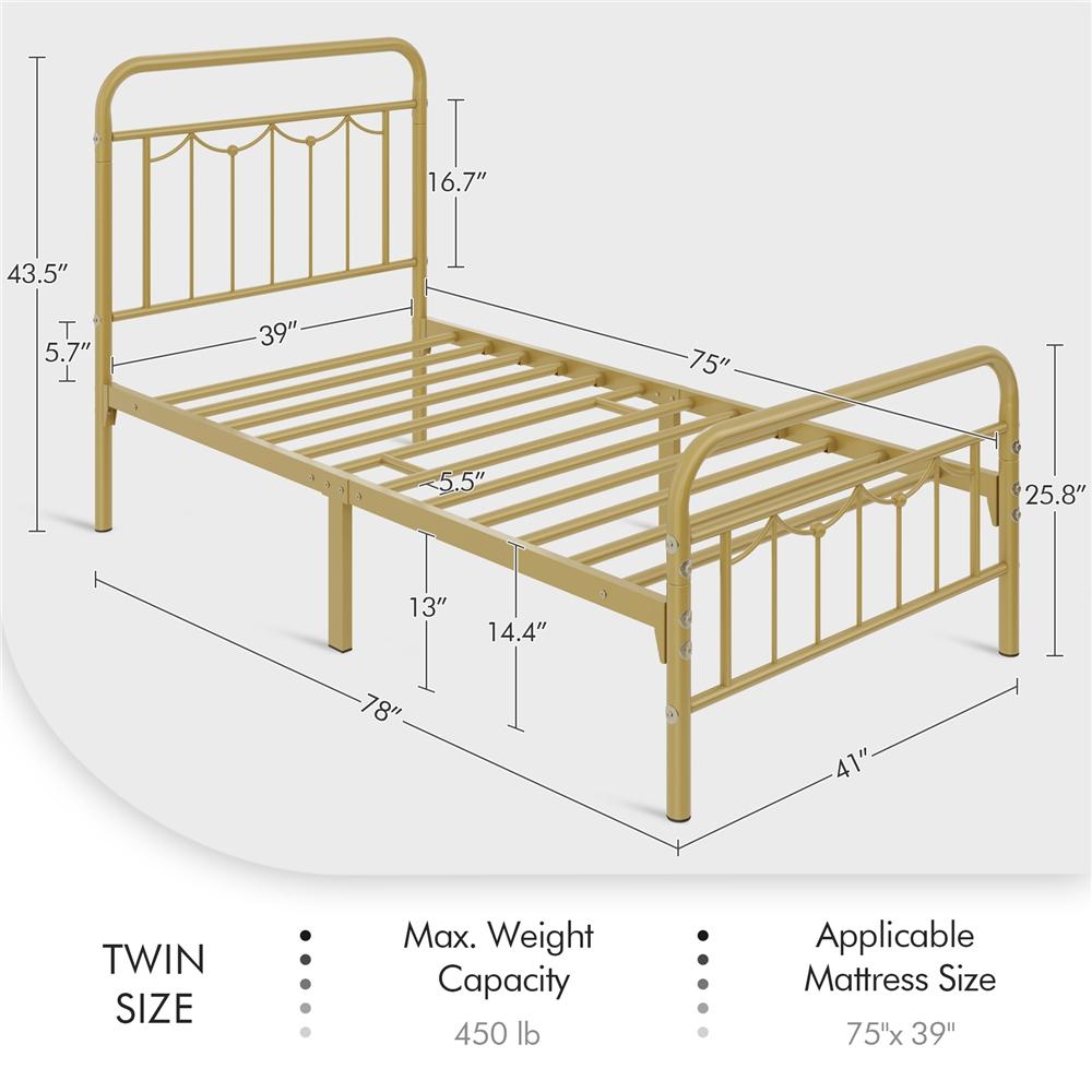 Yaheetech Antique Gold Queen Size Metal Bed Frame with Vintage Headboard Footboard Heavy Duty Steel Slat Support Ample Under Bed Storage No Box Spring Needed - Platform Bedframe