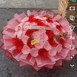 Romantic Rose Bouquet with Gold Butterflies and Pink Organza Accents for Special Occasions