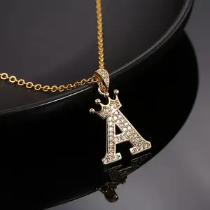 Hip-Hop Style Stainless Steel Necklace with Crown & Initial Pendant - Golden Finish, Fashion Accessory for Men and Women, Hip Hop Jewelry